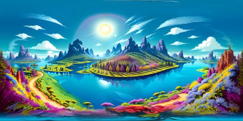 Ultra high-res VR360 masterpiece, quality unmatched, open field stretching infinitely, surrounding forest silhouette. Crystal cascade, waterfall in distance. Stylistic blend: realism, digital painting. Emphasized nature, immersive VR360 perspective.