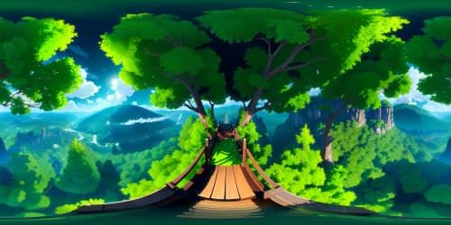 Masterpiece quality VR360, ultra high-res, elevated forest lookout platform. Tree canopy panorama under stormy, dark clouded sky. Rain-swept forest hillside, creating immersive VR360 forest view.