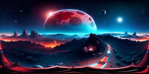 a big red moon in the skys  benith it a planet with mountens blue on the to color skys and a lot of blue little stars