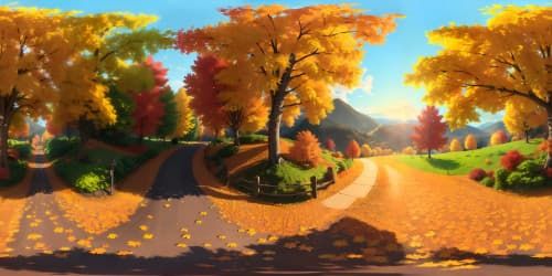 autumn color leaves falling from trees on mountain top at sunset