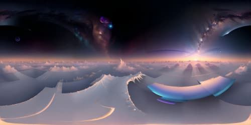Skytopia VR360 view: ultra high-res masterpiece, top-tier digital artistry. Breathtaking blend of fantasy-art clouds, glimmering stars. Majestically iridescent celestial bodies, radiant hues. Light diffractions, prismatic effect. Pixar-style polish, VR360 grandeur.