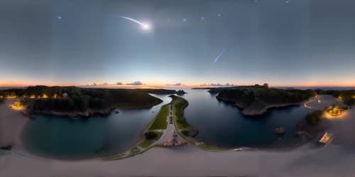 infinite deep blue sea at night with sunsetting in the horizon with clear sky and shooting stars viewed from the sky