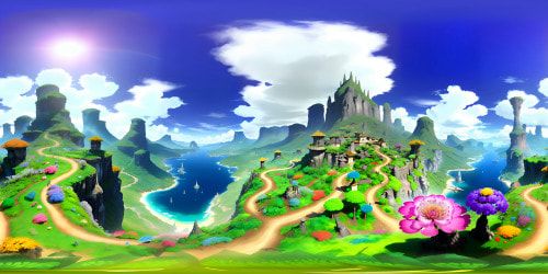 Ultra-HD VR360, elevated skyview, floral masterpiece, vibrant, intense rainbow-hued blossoms, grand, sprawling VR360 botanical vista, Japanese-inspired, minimalist foreground. Realistic artistry, whimsical nuance, maximum color saturation for immersive attraction.