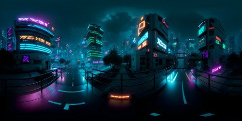 Anime-style cyberpunk cityscape VR360, towering megascrapers, intricate skybridge network. Neon glow from billboards, dynamic light reflections on metallic surfaces. Hyper-realistic texture detail, ultra-high resolution, VR360 cybernetic masterpiece. Optimal color saturation, high-quality VR360 experience.
