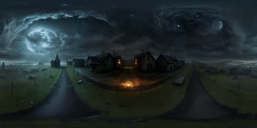 Ultra high-resolution VR360, masterpiece of Silent Hill inspired ambiance, misty landscapes, decaying structures, ominous sky overrun by dark clouds. Style: photo-realistic with a touch of horror, eerie glow from the moon. 