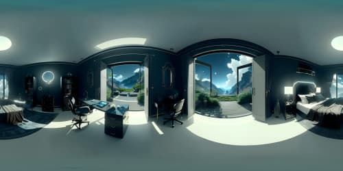 VR360 elegance, ultra-high-res chic bedroom design. Luxe, minimalist aesthetics, cloud-like bed, sleek workstation, pavé-set with tech. VR360 dreamy sky mural ceiling, star-speckled, ethereal. Crafted in masterful, immersive realism, visually captivating.