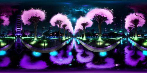 Masterpiece-quality, ultra-high-res VR360 view, Tokyo city lights reflected in slick, rain-wet pavement. Neon glow, skyscrapers silhouette, twinkling stars above, fantasy art style. Blurred cherry blossoms, minimalistic foreground, sidewalk perspective, immersive VR360 experience.
