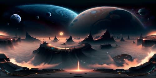 VR360 masterpiece-quality sky view from Jupiter's moon, ultra high-res detailing. Swirling mists of Jupiter's atmosphere, vivid bands of oranges, reds. Outer space panorama, distant galaxies. Surreal art style for VR360 immersive experience.