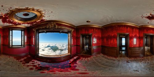 Within a dimly lit abandoned mansion, an impeccably detailed room filled with glistening pools of blood, splattered against ornate wallpaper, the scene captured in flawless ultra high resolution, an unsettling masterpiece of horror.