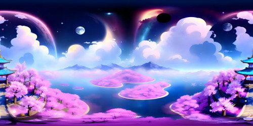 Iridescent cumulus clouds, drifting sakura petals, floating torii gates mid-air, VR360 panoramic night sky, full moon gleaming, sparkling constellations, anime-style. Shōjo-quality irises, anime aesthetics, intricate linework, striking color contrasts, VR360 ultra-high res portrayal.