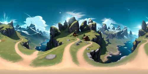 Ultra-high-resolution VR360 panorama, towering snow-capped peaks, verdant foothills. Nonpareil, Pixaresque stylistic mountain scene. Masterfully crafted VR360 landscape, evocative of majestic tranquility.