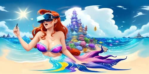Ariel the mermaid swimming in the sea, with her head above water, cute