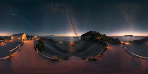 VR360 masterpiece, ultra high-quality, 1am starlit sky, tranquil beach scene, palm tree silhouettes framing view, twinkling constellations, Milky Way streak, depth, clarity. very dark