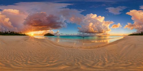 A flawless, ultra-high resolution masterpiece capturing a breathtaking sunrise at a secluded, pristine beach, with pastel-hued skies reflecting on crystal-clear waters, flawless golden sand, a scattering of delicate seashells, and distant sailboats silhouetted against the horizon.