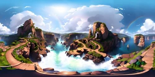 Ultra high-res VR360 view, grand waterfall cascading, misty spray, rainbow hues reflected. Masterpiece visual, lush vegetation, rocky cliffs. Quality VR360 depiction, radiant sunlight filtering through. Subtle, Pixar-style softness.
