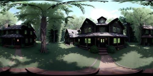 a dark scary old house deep in the woods_there are large spider webs inthe trees_the old house is dark except for one light on upstairs_witches live here_the witches are wearing black leotards_