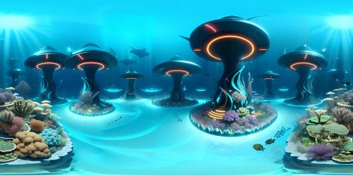 Masterpiece VR360 scene, ultra high-res underwater science lab, advanced holographic tech, VR360 bio-luminescent seabed flora lighting. AI-driven lab gear, towering aqua-green algae, sleek and reflective surfaces. More than real, 3D-depth perception, enhanced futuristic style. Embodies digital art finesse, sharp detailing, superior clarity.