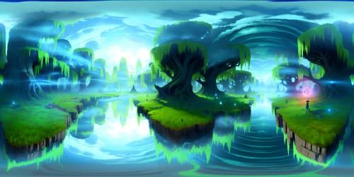 Masterpiece quality, ultra high-resolution VR360. Fog-shrouded Dagobah ecosystem, towering alien flora, mysterious swamp waters, moss-draped trees, Yaknow (Luke Skywalker's home). Surrealist style.
