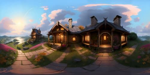 cabin on a hill over looking a field of colorful flowers and distant lake with autumn leaves sunset in the horizon skyview