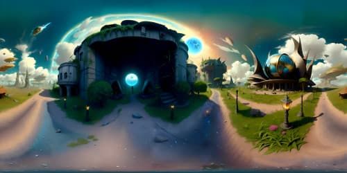 Masterpiece-quality VR360 view, ultra-high-res, strikingly grim zombie world. Destroyed buildings overtaken by lush vegetation, sinister ambiance. Dark skies pierced by radiant sunlight filtering through heavy clouds, surreal art style.