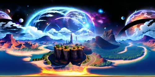 Masterpiece VR360 view, ultra high-resolution, central focus on Dragon Ball aesthetic, colossal dragon, VR360 Panoramic skyscape, planet Namek, Dragon Ball styled celestial bodies.