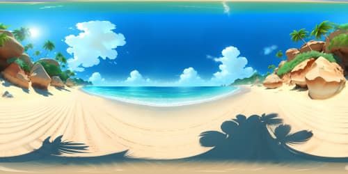 Ultra high-res VR360 beach masterpiece, best quality digital painting, crystal clear turquoise sea, pristine sandy shores, soft summer sun, high contrast shadows, vibrant tropical flora, awe-inspiring 360 experience.