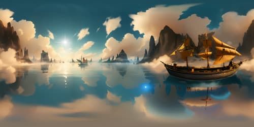 Masterpiece, ultra-high res VR360, Chinese ink art style. Mist-veiled clouds, tranquil river, driftwood, classical elegance. Lone boat, cold indifference, VR360 spectacle. Traditional, classical nuances, supreme quality.
