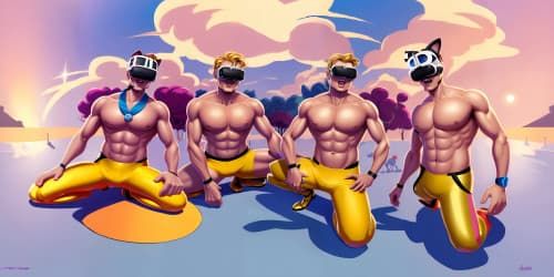 five princesses_wearing pink leotards_one woman has blue eyes_two of the women are blonde_they are squatting_spread_arms above their heads_close up of armpit_ cat ears