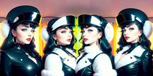  best quality, masterpiece, ultra high res, trio of 40 year old princesses_wearing white fur coats_wearing black garments_wearing gold circle earrings_wearing red lip gloss_one has blue eyes_two of them have black hair_they are squatting_close up of armpit_diamond jewelry