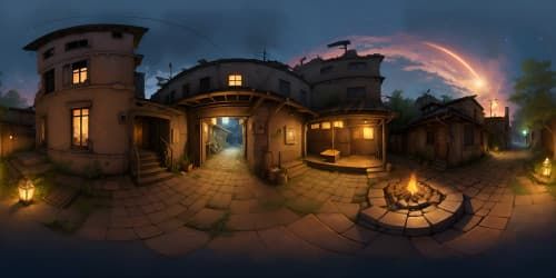 post apocalyptic city ruins at night with bon fires and lanterns in the distance and stars in the sky