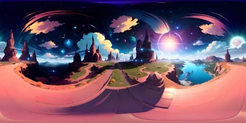 VR360 masterpiece, ultra high-res definition, multifaceted crystal clouds in VR360, palette of sunset hues, ethereal starry canvas above, high-res Van Gogh's Starry Night ambiance, shimmering cosmic dust, fantasy art style.