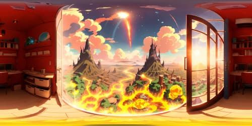 Masterpiece quality, Ultra-high resolution, molten lava flows, VR360 heat mirages, flickering embers, intense red-orange hues, metallic sheen, textured volcanic rocks. Style: Hyperrealism, Detailed textures, Lustrous, Shimmer.