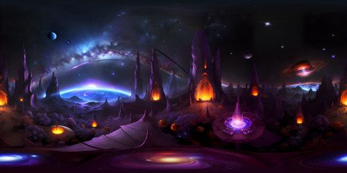 deep space that is evil and full of bubbles of dark energy, with purple and red galaxies of fire with dark blue nebula. this place is very dark and colorful and very evil. outer space