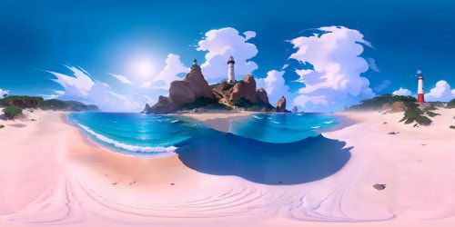 VR360 pinnacle panorama, beach setting, sun-mirrored ocean, expansive dunes. Far-off lighthouse silhouette, colorful swim trunks on golden sand. Exclusion of human figures. VR360 scrolling beach vista, vibrant, lifelike Pixar-style rendering. Ultra high res, perfect pixels, noteworthy masterpiece. Superior quality, endless details.
