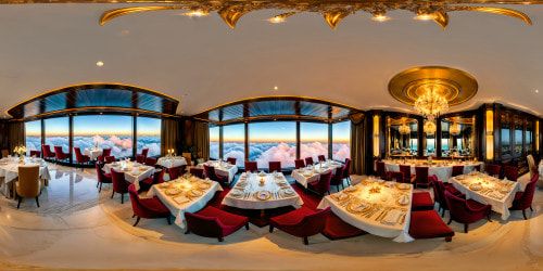 A luxurious, high-end fine dining restaurant bustling with patrons, gleaming silverware, polished marble floors, ornate chandeliers casting warm golden light, extravagant art pieces, immaculate white tablecloths, and sommeliers navigating through the elegant chaos.