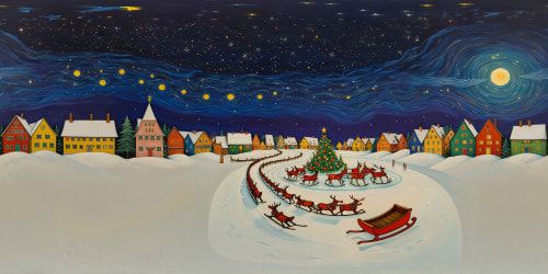 A flawlessly detailed winter wonderland village under a starry night sky, alive with twinkling lights and festive adornments, Santa's sleigh gracefully cutting through the atmosphere, a breathtaking ultra-high-resolution holiday marvel, exuding unparalleled realism and magic.