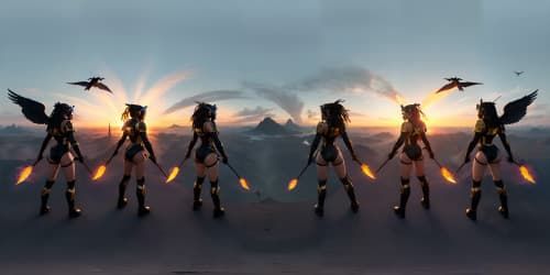 five evil female angels wearing black leotards with red trim_they have golden wings_the women have gold halos over their heads_one woman has dreadlocks_two of the women are  african american_they are flying_one woman is carrying a flaming green hammer.