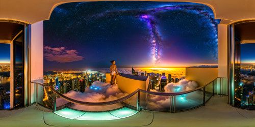 Atop a luxurious skyscraper balcony, overlooking a sprawling cityscape glowing with vibrant neon lights, a figure stands poised at the entrance in anticipation, under a starry night sky, exuding an aura of elegant anticipation.