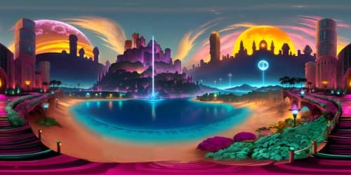 Luxurious Miami skyline, saturated sunset hues, crisp reflections on skyscraper glass, VR360 opulence. Palm tree silhouettes against twilight palette,  glowing city lights, VR360 immersive experience. Modern masterwork style, ultra high-resolution, digital painting influence.