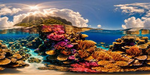 An opulent and vibrant underwater kingdom of mermaids, adorned with shimmering coral reefs, iridescent pearls, and sparkling sea plants under a crystal clear, sunlit ocean, a breathtaking aquatic masterpiece in ultra-high resolution.