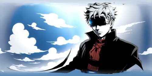 Jujutsu Kaisen, Gojo Satoru's eyes are blue and hair is in silver color. with his typical black ribbon blinder cover one of hid eyes