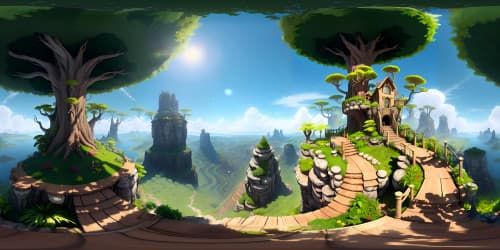 Summer brilliance, ultra-high resolution VR360 grandeur, radiant sunlight piercing dense verdant foliage, dramatic shadows. Elaborate treehouse, intricately rendered in Masterpiece Realism style. Lively hues, stark contrasts, play of light, VR360 panorama amalgamating reality and art.