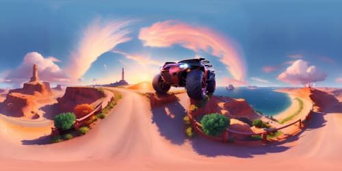Cars and motorcycles  on the seaside highway (orange and pink sky)