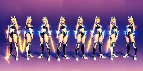 four women wearing white leotards with thigh high boots. they are evil sorceresses'. they are african american women. one has a flaming sword