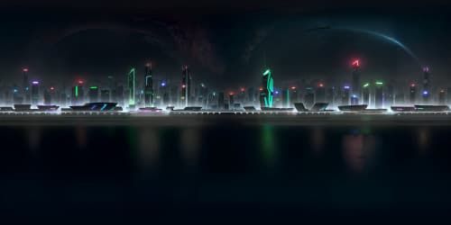 VR360 night cityscape, masterpiece quality, twinkling skyline panorama. Ultra high-res, neon city glow, towering skyscrapers, reflection on water's surface. VR360 view, film noir-style, chiaroscuro lighting, intricate detailing.