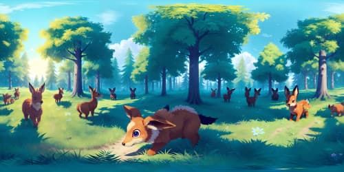 forest surrounded by a pack of adorable little Eevees