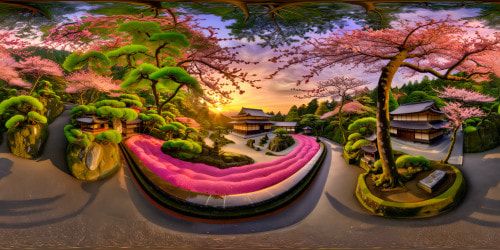 A flawless masterpiece of an ancient Japanese temple enveloped by a vibrant cherry blossom forest at sunrise, delicate petals dancing around a shimmering koi pond, intricate moss-covered stone lanterns, unparalleled in high-resolution detail, a visual symphony of perfection.