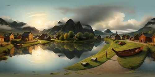 Ultra high res VR360, Chinese ink style, drifting solitary boat, tranquil cold river. Enveloping misty clouds, traditional classical masterpiece. VR360 clarity, quality in every detail.