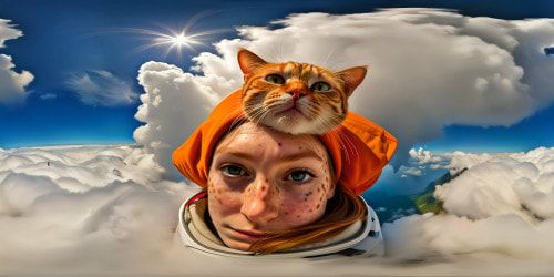 A meticulously detailed ultrahigh-resolution portrait capturing a freckled-faced individual with a captivating expression, surrounded by an array of vibrant colors and textures, playfully engaging with a curious feline companion in a perfectly composed and flawless scene.