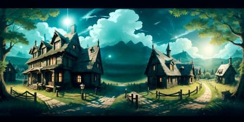 a scary dark house inte woods. the woods are dark and forboding. an evil witch lives here'